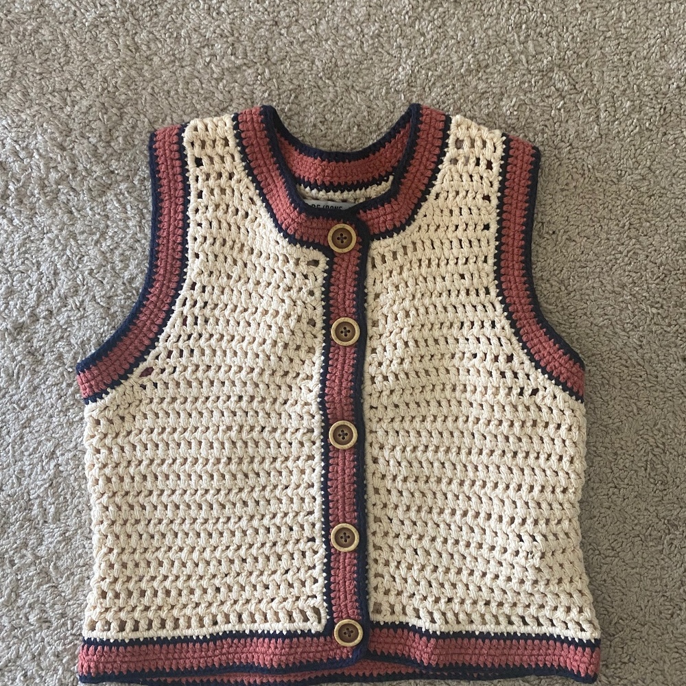 Re/Done Cream and Red Crochet Vest